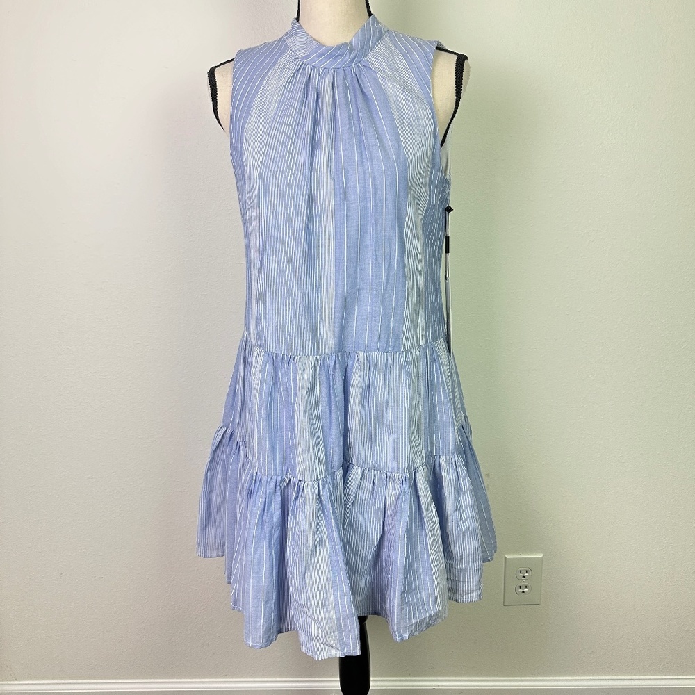 Calvin Klein Women's High Neck Cotton Sleeveless Swing Dress Blue White Striped
